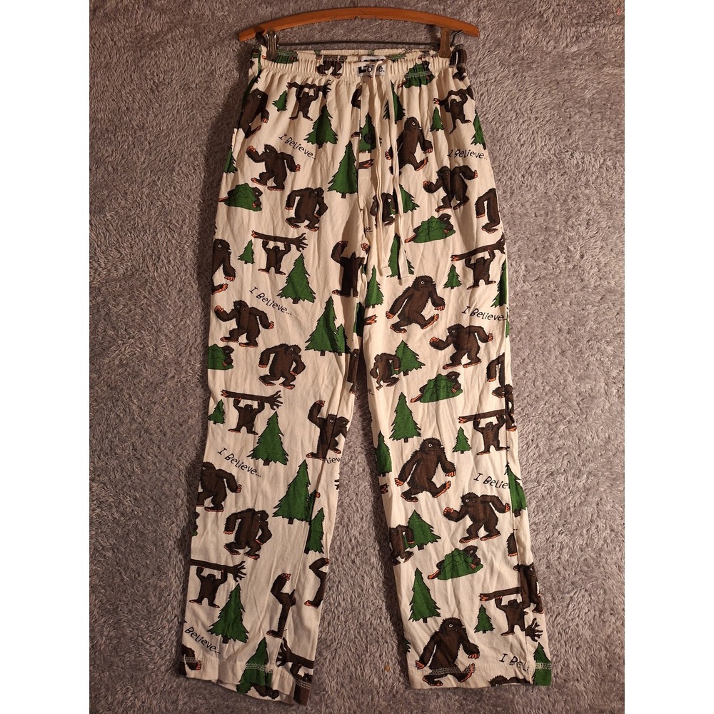 Lazy One Bigfoot I Believe Pajama Pants XS Cream Sasquatch Print Cotton Lounge